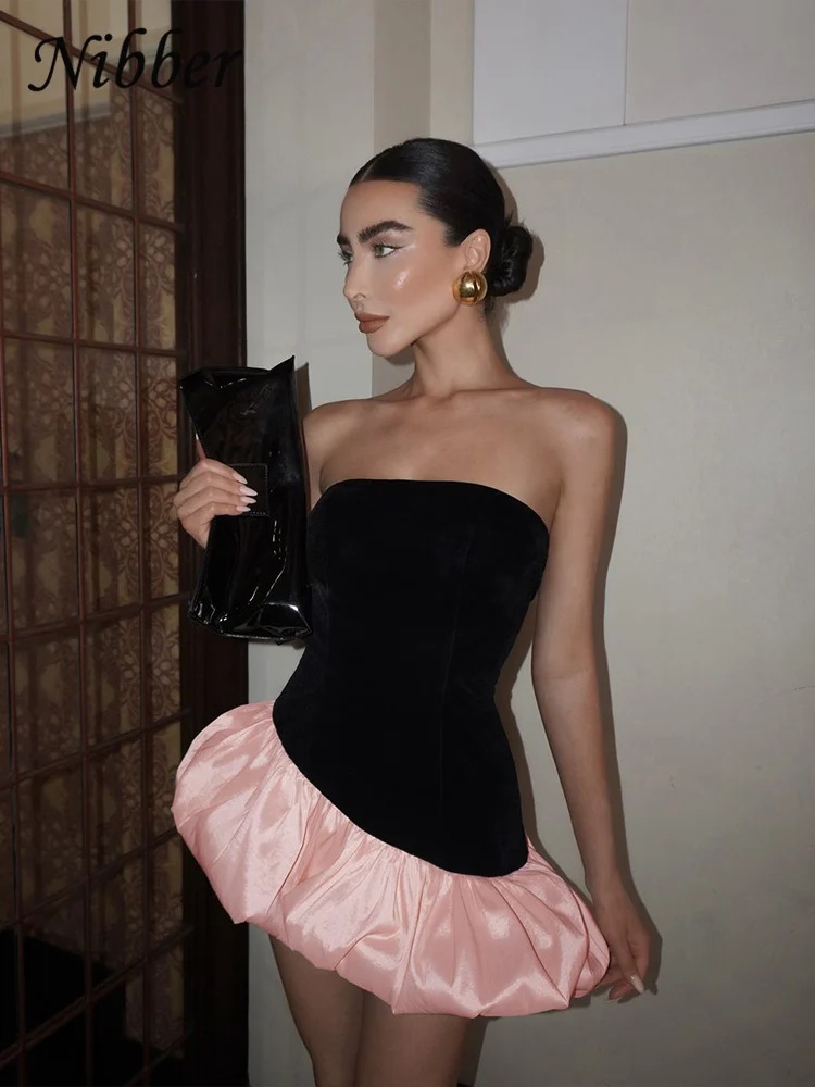 Nibber verão inchado vestido feminino y2k elegante irregular veludo retalhos sem alças meia-noite festa de aniversário doce banquete bodycon