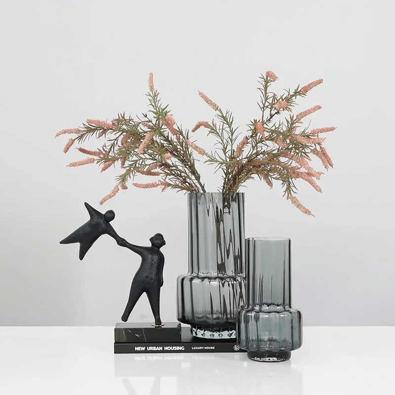 Simple Modern Gray Vertical Grain Glass Hydroponic Vase Decoration Living Room Table Flower Decoration Room Decor ваза для цвето