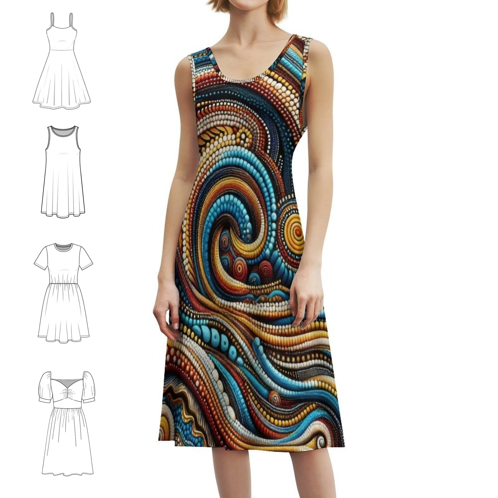 موجات مجردة. نمط اللوحة المنقطة. فستان بوهيمي عتيق من السكان الأصليين بأكمام منتفخة أو خيارات بلا أكمام لفستان النساء