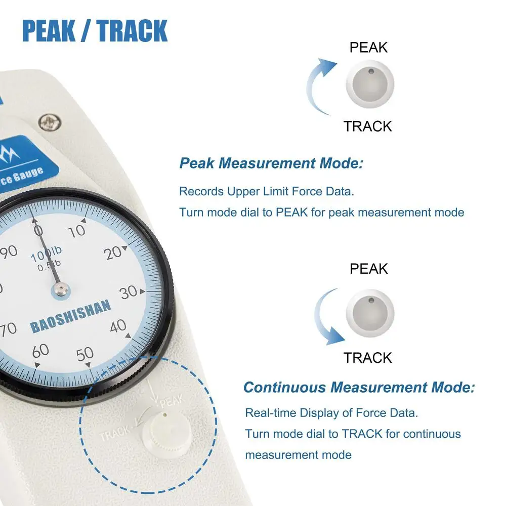 Medidor de fuerza de 100lb con certificado de calibración, accesorios de Estuche de transporte, función de pico/pista, amplia aplicación