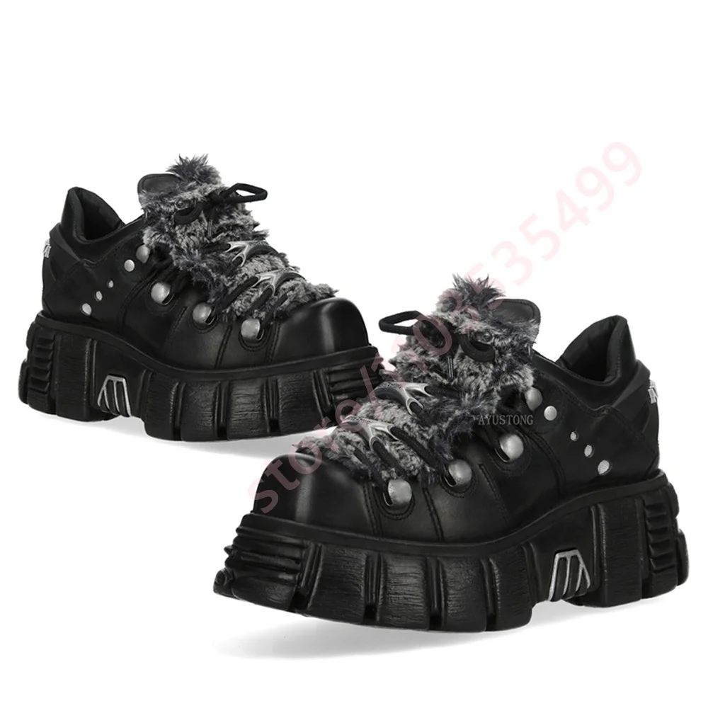 Black Platform Round Toe Punk Motorcycle Boots Fall 2025 Studded Street Rock Lace-Up Ankle Boots Fashion Sporty Casual Boots