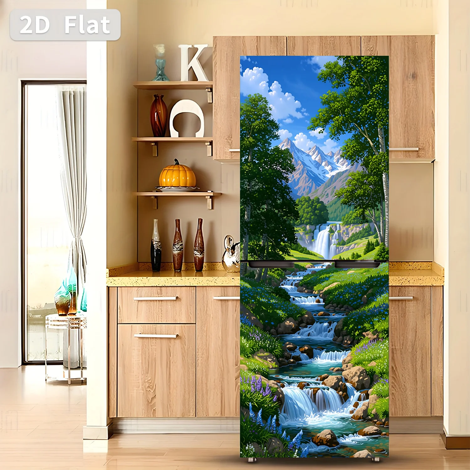 Refrigerator Sticker Mountain Stream Scenery Themed Design Wall Decal Self-Adhesive Wallpaper Suitable for Cabinets and Wardr