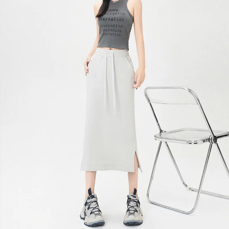 여성용 드로스트링 스플릿 시크 다용도 롱 스커트, 신축성 있는 하이웨이스트 심플 오피스룩 펜슬 스커트 2025 신상품