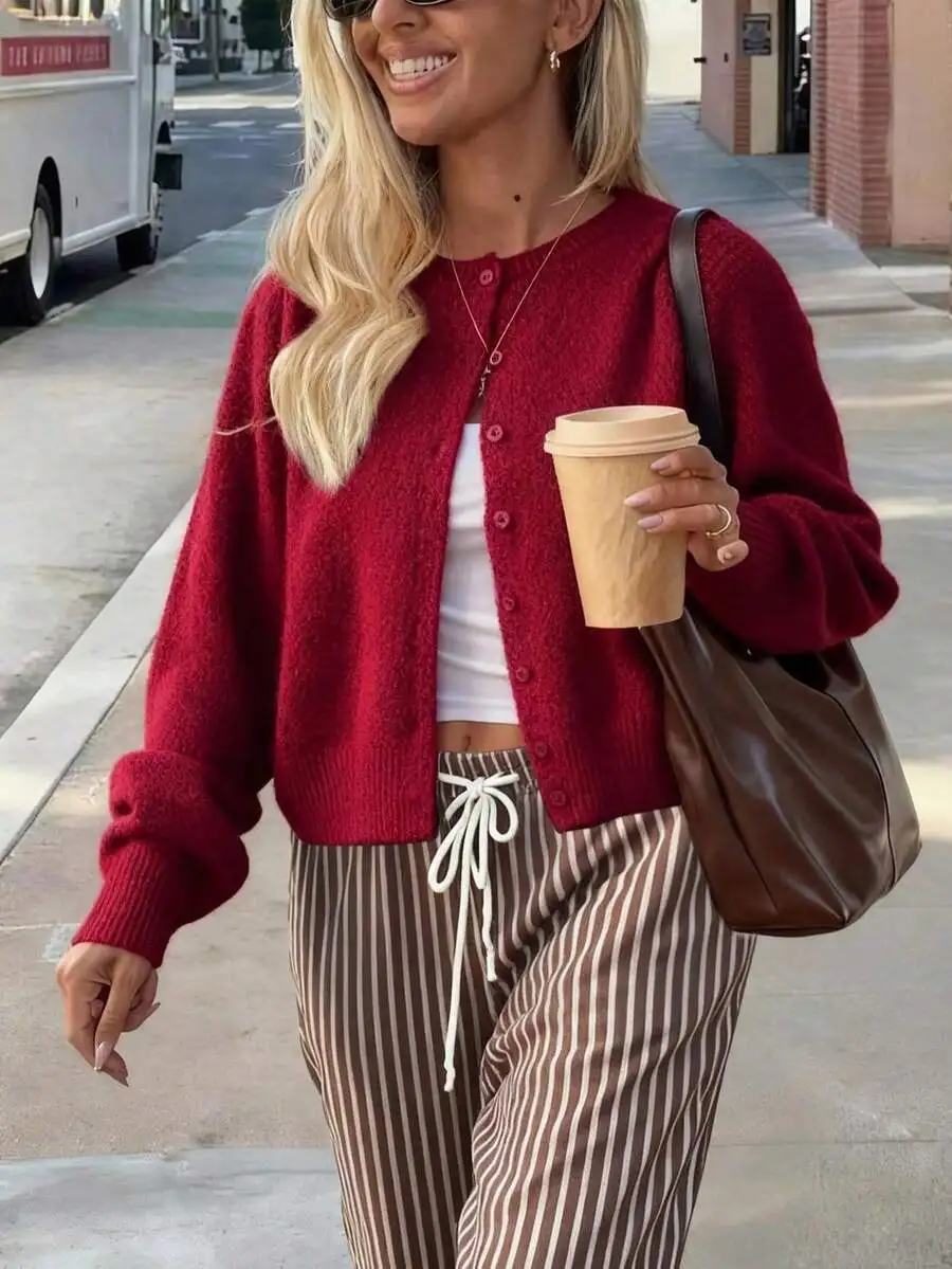 

Женский однотонный вязаный кардиган с круглым вырезом и пуговицами спереди, свободного кроя, с длинными рукавами, повседневная элегантная верхняя одежда