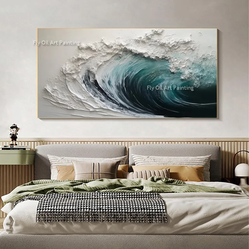 Pintura al óleo en lienzo blanco y azul oscuro, artículos de pared para el hogar pintados a mano, obra de arte grande y Simple con paisaje oceánico para decoración de habitación