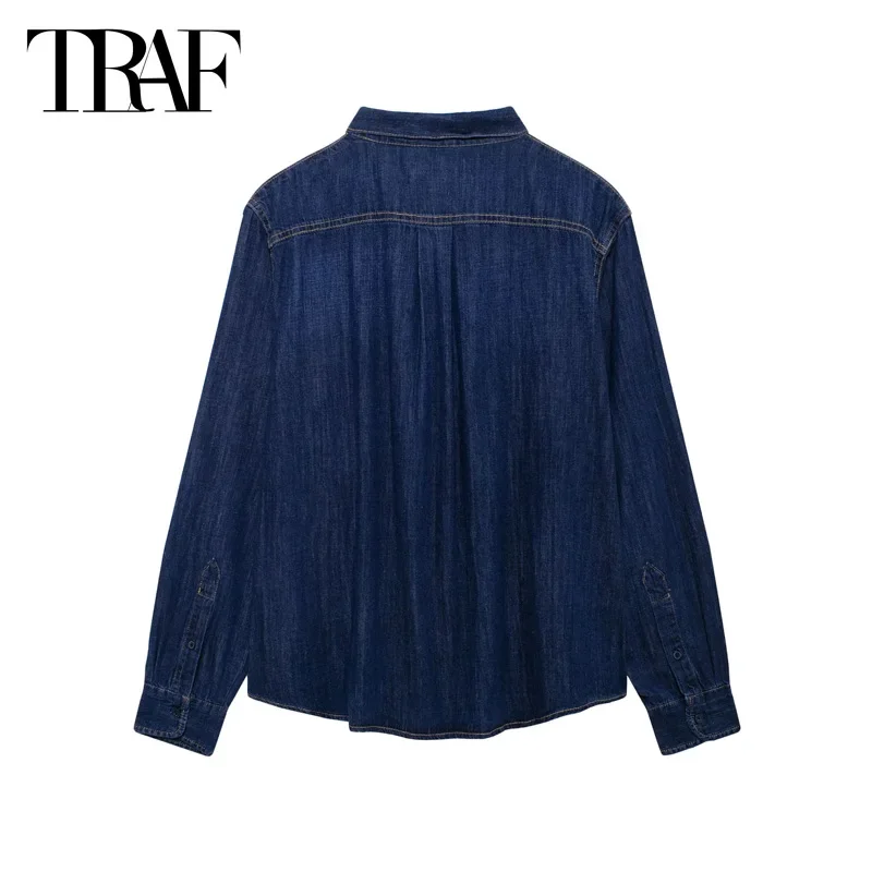 TRAF 2024 Blue Denim Shirts for Women Autumn Button up Shirt Women Long Sleeve Jeans Jacket Women Streetwear Bow Women's Shirts