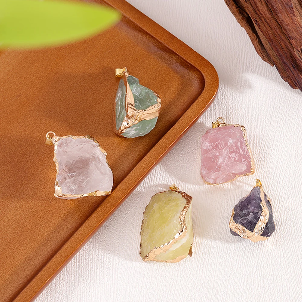 Natural Crystal Irregular Raw Stone Golden Wire Wrapped Gilding Pendant Rose Quartz Fluorite Amethyst Healing Crystals Charms view 2