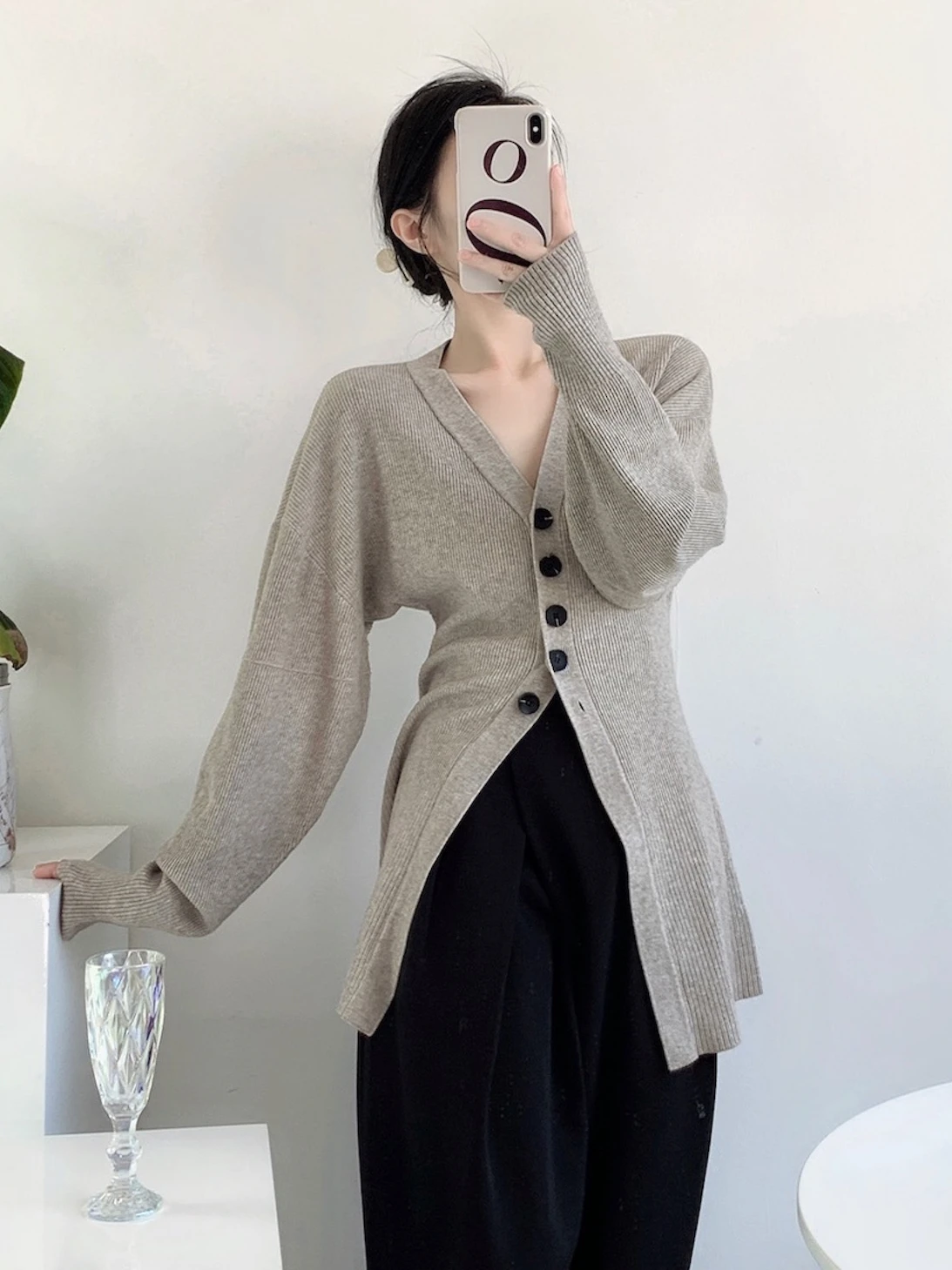 

Retro Knitted Open Cardigan Women's V-ne Waist-cinched Split Mid-length Sweater Long Sve Button-up Casual Sle Pure Color