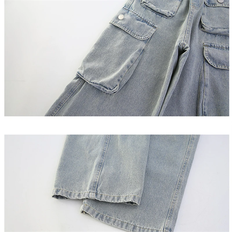 طفل الصناعات الثقيلة الضوء الأزرق مستقيم البضائع الجينز مع جيوب متعددة لفتاة التوأم الرجعية الدنيم السراويل الاطفال عارضة السراويل #6