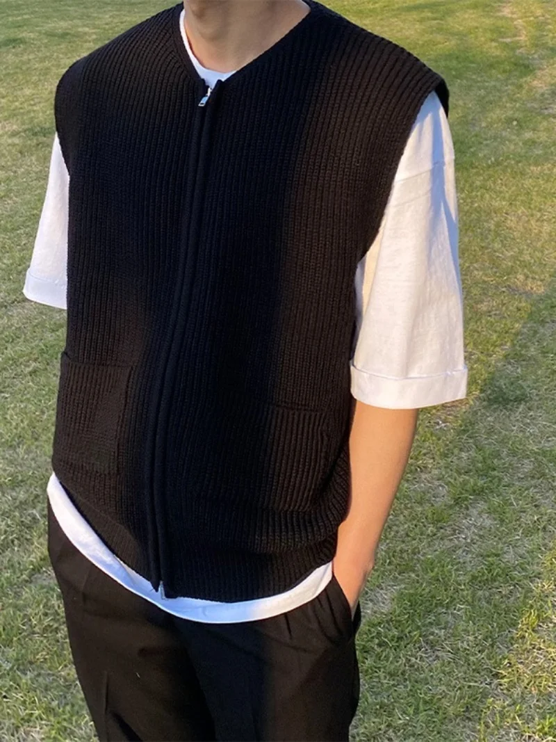 سترة رجالية محبوكة فضفاضة على الطراز الياباني، كارديجان أنيق بسحاب وفتحة على الكتف، إصدار قياسي للمراهقين