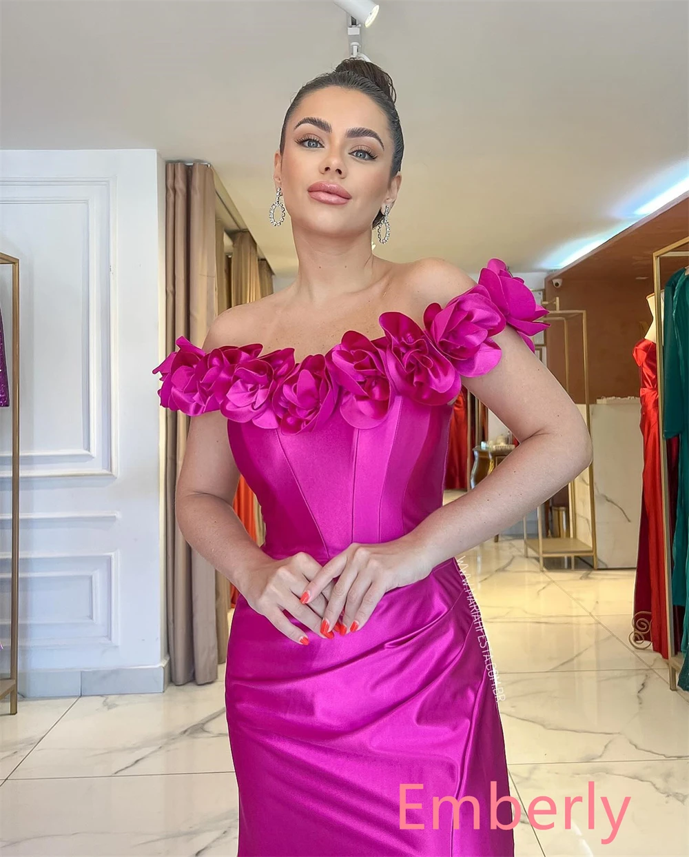 Aangepaste zeemeermin klassieke roze satijnen avondjurk delicate boothals uit de schouder mouwloze feestjurk elegante galajurken