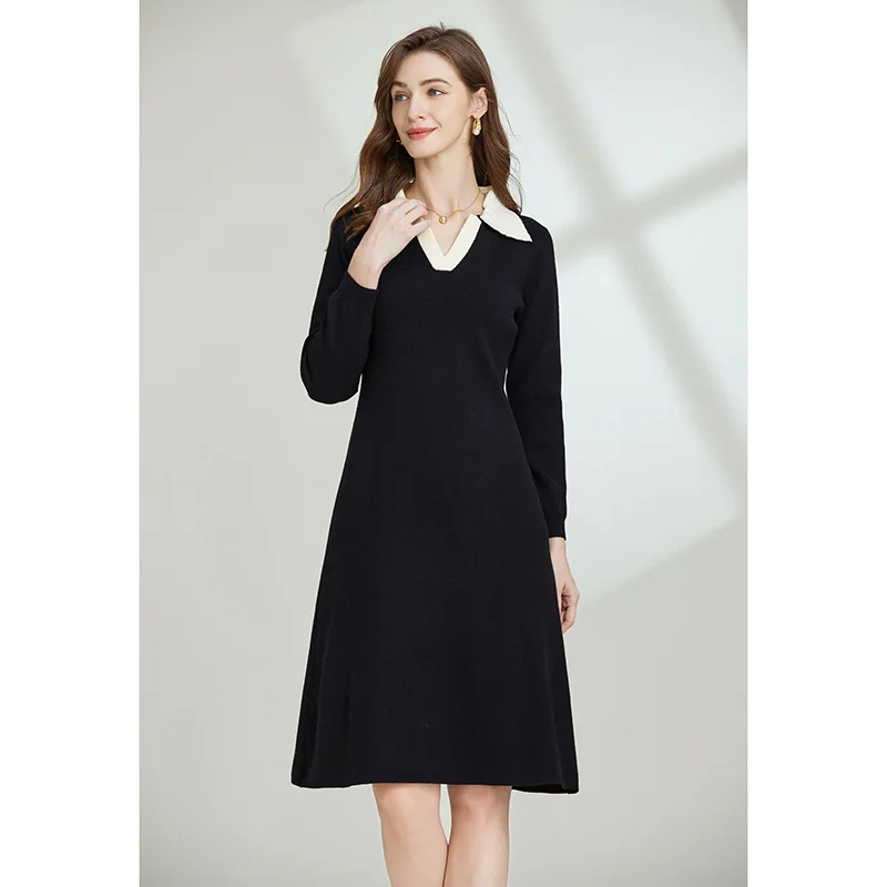 Autumn and Winter Knitted Dress for Women Polo Collar Temperament Commuter Women Clothing A-line Skirt Elegant Wind Dresses