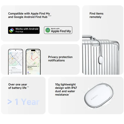 Imagen 2 del producto Dispositivo antipérdida Global Xiaomi Tag con Bluetooth 5.4, clasificación IP67 a prueba de agua, compatible con Google Find Hub o Apple Find My.