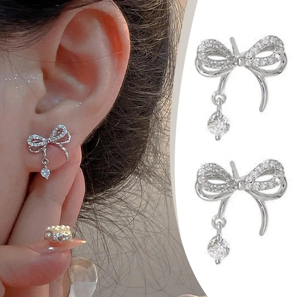 Sparkling Silver Bow Drop Earrings With Rhinestone For Women Ins Fashion Zircon Pendant Versatile Temperament Earrings