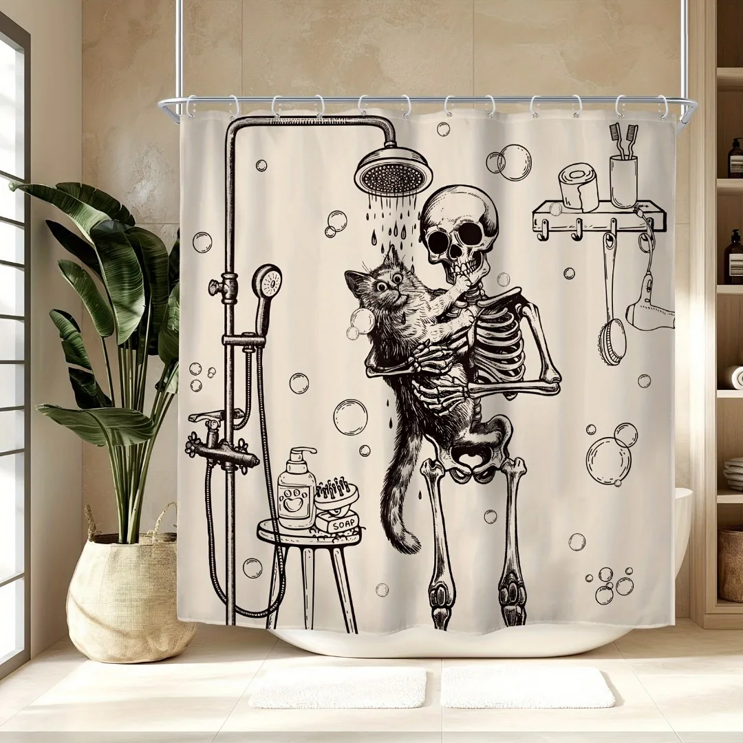 1/4 قطعة ديكور الهالوين غسل القط الهيكل العظمي نمط دش الستار ديكور الحمام هالوين الديكور ستارة الدش الداخلي #6