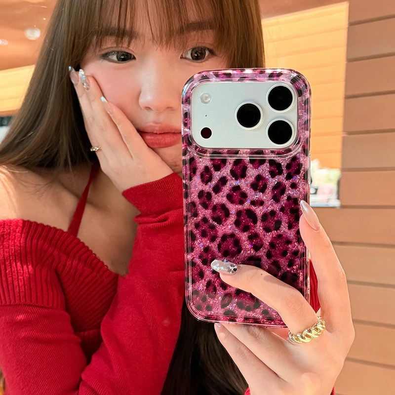 Ins Beliebte Glitzernde Rose Schwarze Leopardenmuster Hülle für iPhone 13 14 15 16 17 18 Pro Max Stoßfeste Harte IMD Rückseite – Detail 4