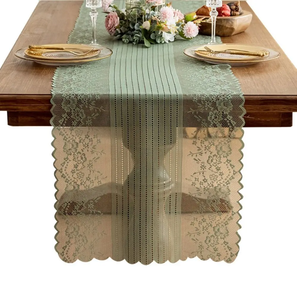 Hollowed Out Lace Jacquard Table Runner French Romantic Semi-Sheer Table Doilies Elegant Floral Embroidered