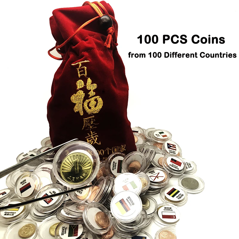 10/30/50/100 PCS Coins from Different Countries and Regions With Red Bag and Flag World History Collection Creative Gift