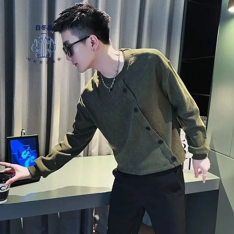 

Sweatshirt Pullover Spring and Autumn T-shirt New Style T-shirt Trendy Men's Striped Breasted Trendy Brand Long Sleeve