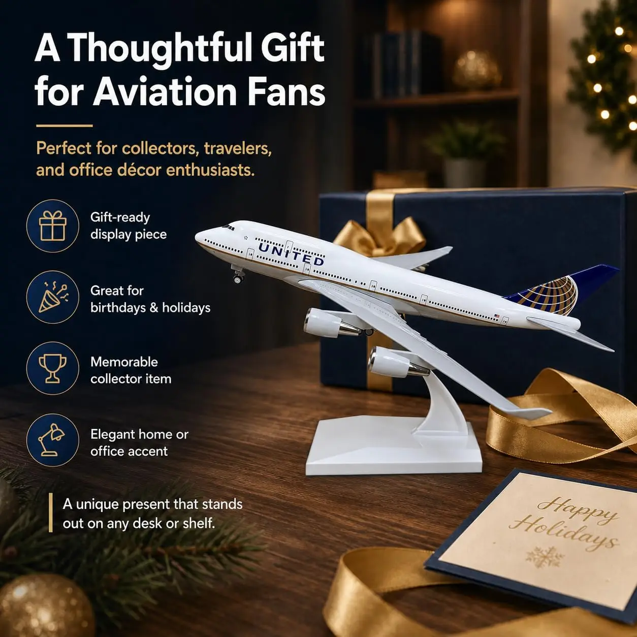 30cm United B747 Diecast Resin Airplane Model With Landing Gear Wheel For Adult Aviation Enthusiast Gift or Display Collection