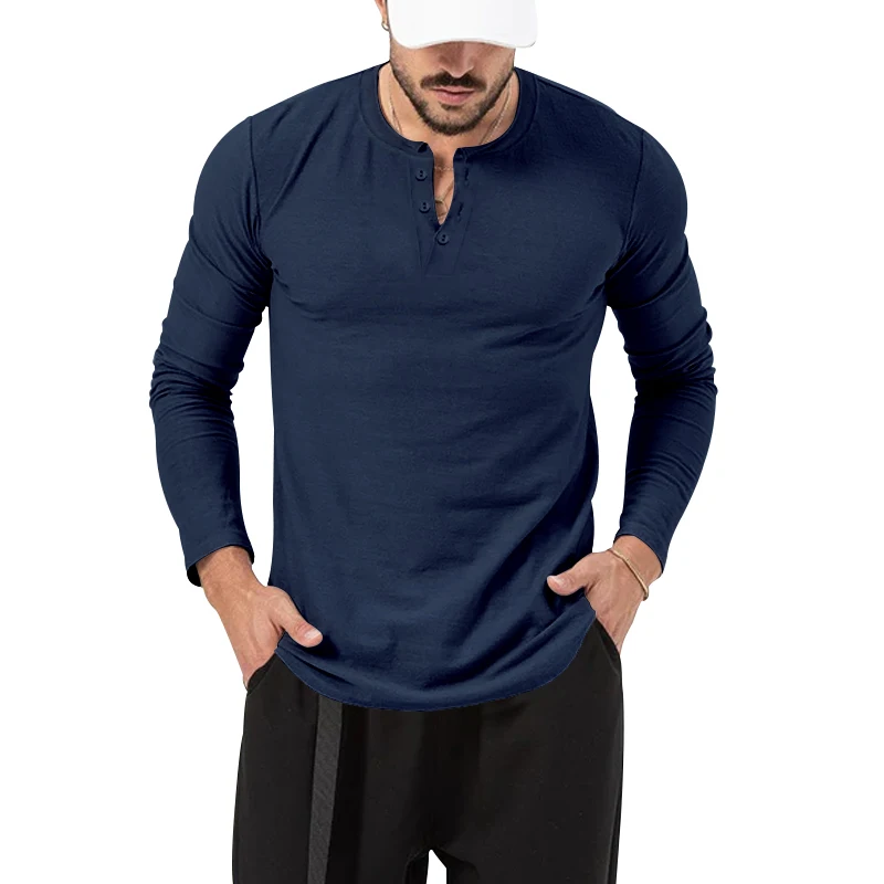 Men\'s round neck solid color button up long sleeved T-shirt Henley casual sports bottom shirt