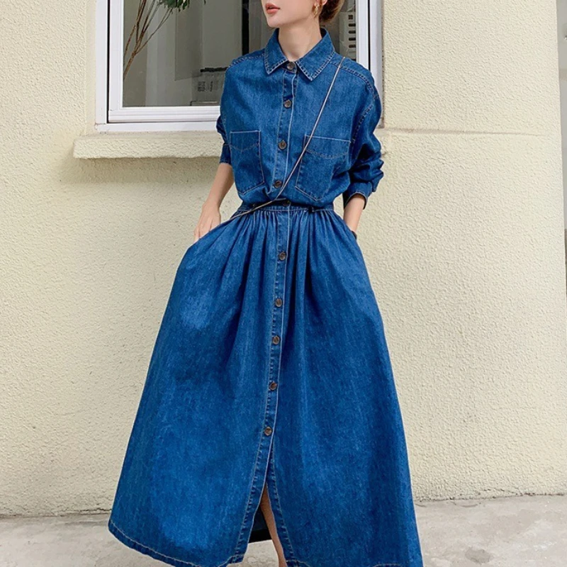 

Korean High Wiast Denim Maxi Dresses Women Vintage Long Sleeve A-Line Single Breasted Lapel Jean Dress Casual Solid Office Lady