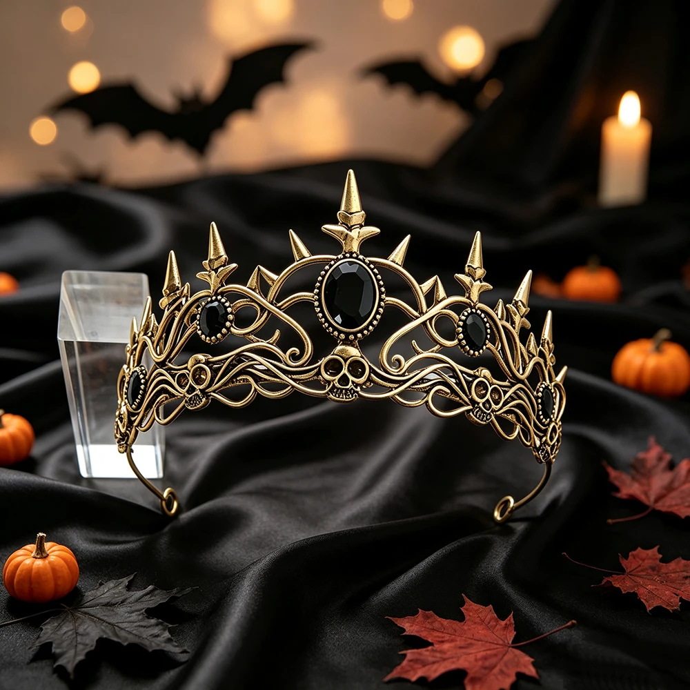 Halloween Gothic Skull Spiked Tiara Antique Bronze Crown Women Evil Queen Vampire Cosplay Headwear Dark Theme Party Hair Jewelry