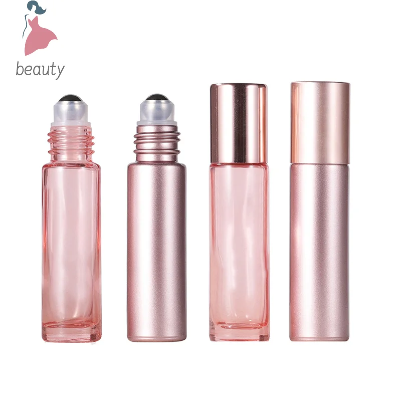 1PCS Glass Roll On Bottle 5/10ml Pink Roller Bottle Essential Oil Lip Gloss Refillable Tube Empty Jar Glass Perfume Bottle