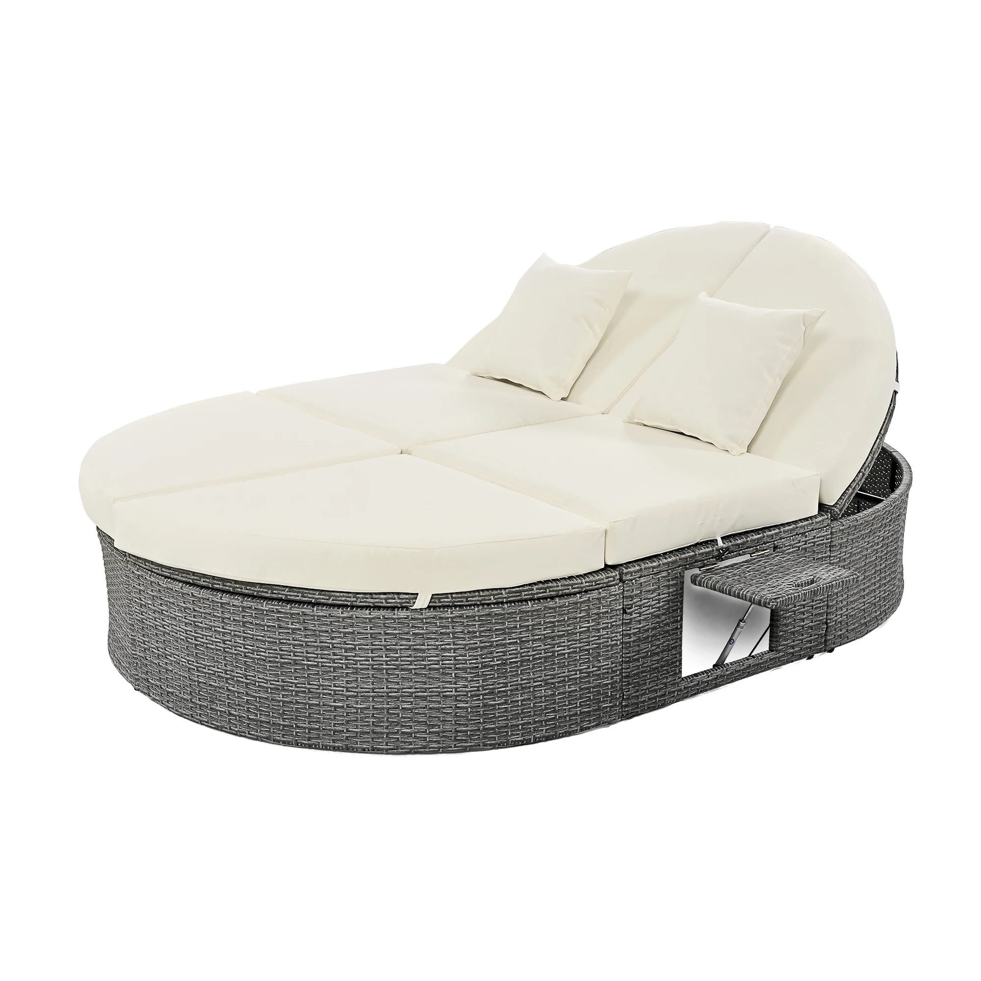 

Outdoor Sun Bed Patio 2-Person Daybed with Cushions and Pillows, Rattan Garden Reclining Chaise Lounge with Adjustable Backrests