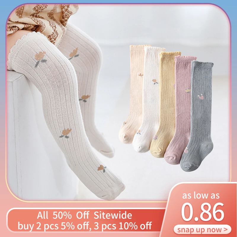Spring Summer Thin Baby Girl Long Socks Soft Cotton Breathable Stockings Flower Print Anti Slip Floor Sox Knee Protection Sokken
