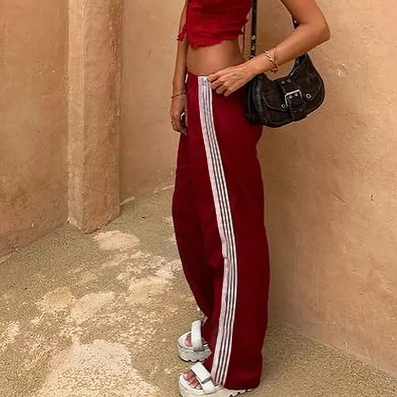 女性サイドストライプパンツ弾性ウエストストレートレッグスウェットパンツポケット付きカジュアルスポーツ日常着ストリート