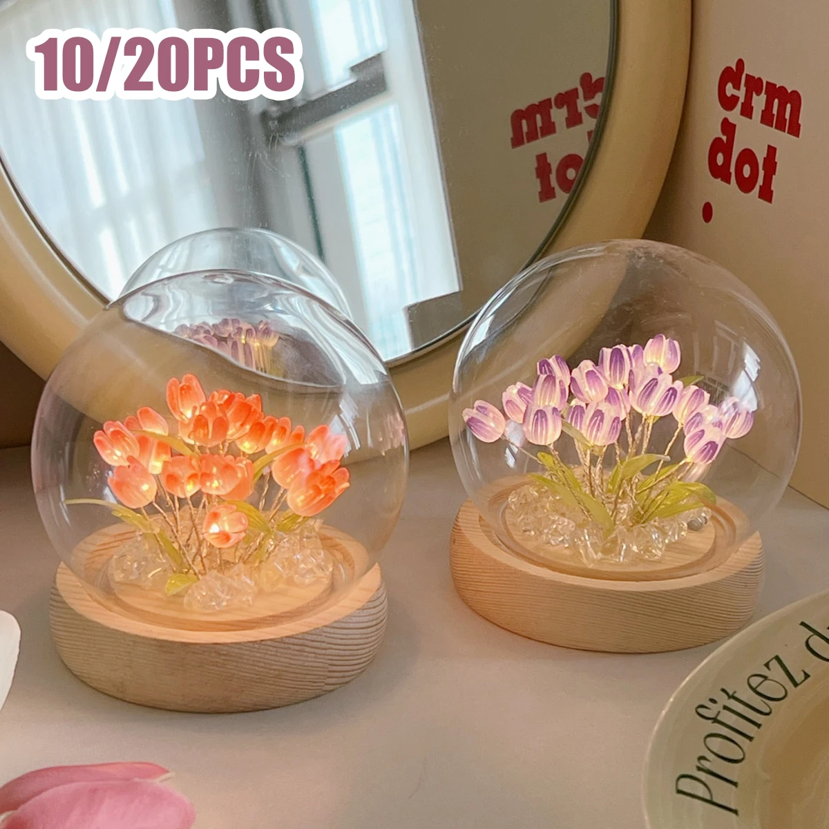 DIY Tulip Flower Night Light With Glass Cover Bedside Light LED Night Lamp Table Desk Lamp Home Decor USB Mood Light Xmas Gifts