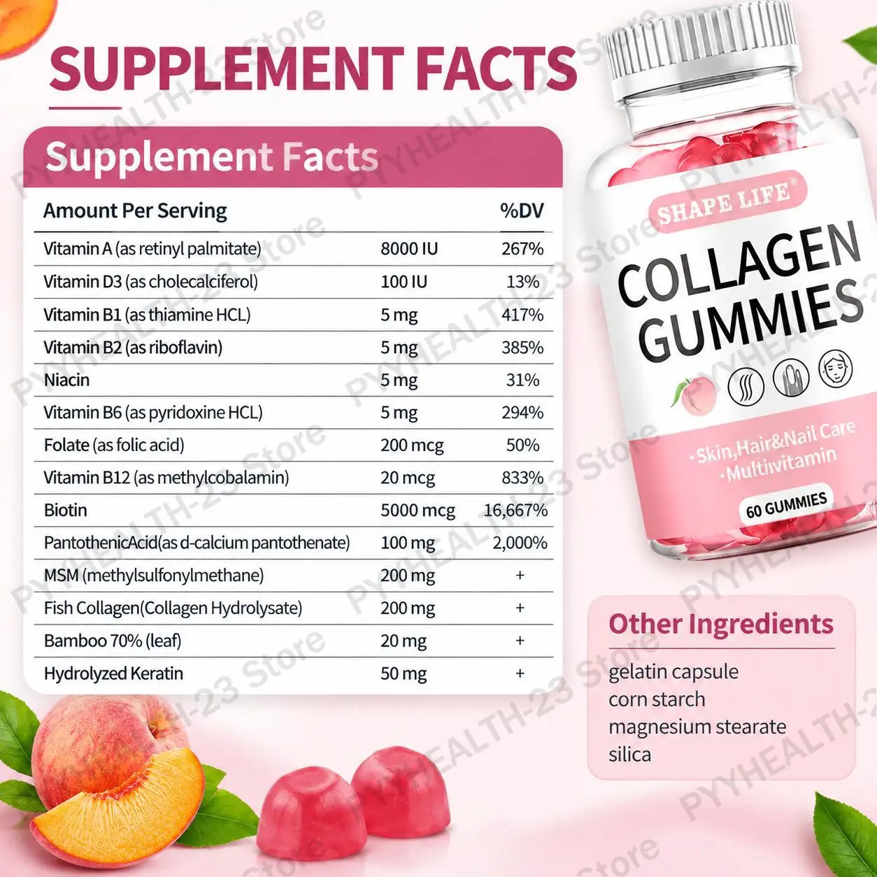Collagen Gummies Skin Firming Hair Growth Nail Strength Age Defense Wrinkle Care Radiant Glow Skin Hydration Boost 60 Gummies