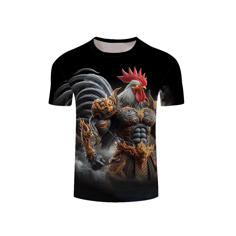 Plus Size Mens Fashion Muscle Tee - Bold Rooster Print, Lightweight Summer Short Sleeve Shirts For Trendsetting Gents