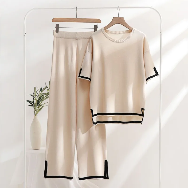

New Fashion Set Elegant Slit Short-sleeved Sweater + High-waisted Wide-leg Trousers Two-piece Set New Office Solid Casual Suit