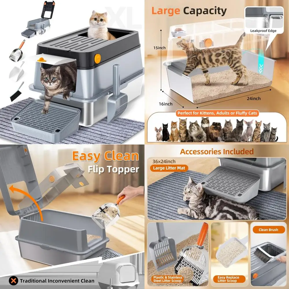 

Extra Large Enclosed Stainless Steel Cat Litter Box with XL Metal Scoop for Large Cats, Ideal for Big Feline Companions