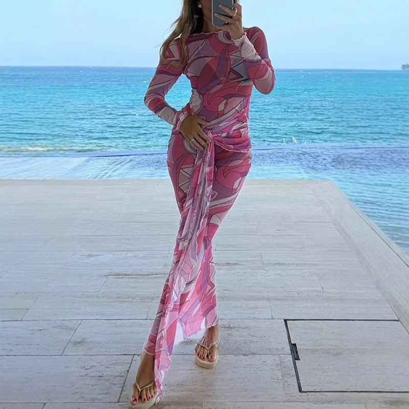Nuove vacanze estive Abiti lunghi da spiaggia Donna Sexy Lace-up Slim Fit Fianchi Abito Primavera O Collo Manica lunga Maglia Boho Dress Abiti