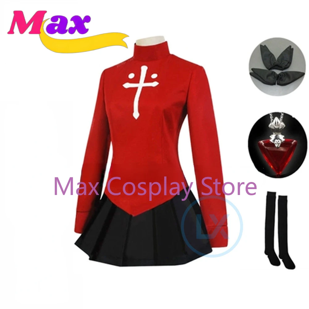 Max Game Rin Tohsaka Uniform Red Suit Top + Skirt Dress Cos Anime Halloween Cosplay Costume For Girls Women Custom size