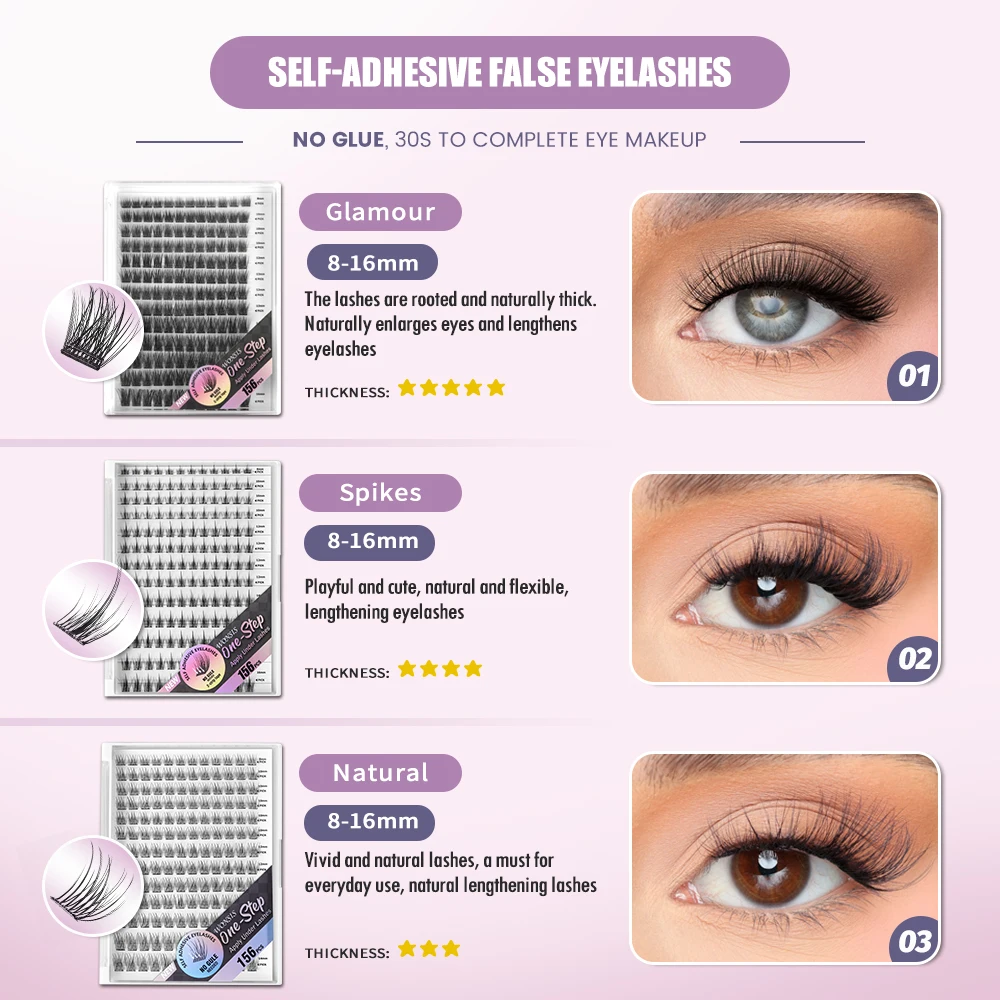 ETVITE 156 clusters of self-adhesive fluffy false eyelashes in three styles, easy to wear without any burden on the eyes
