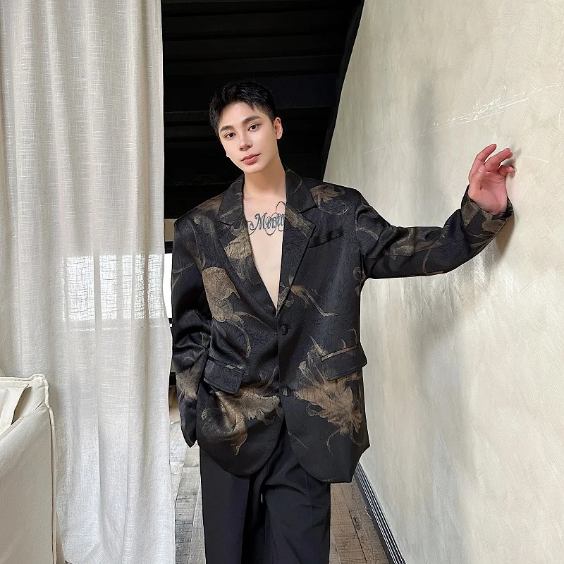 

Мужской костюм-пиджак Ele Haome с вышивкой и сатиновой текстурой в стиле ретро, повседневный, высококачественный, модный, от китайского бренда, для молодежи