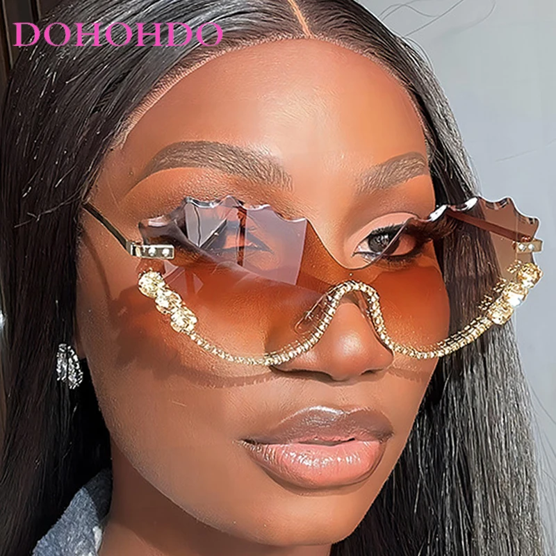 

Luxury Fashion Design Rhinestone Wave Rimless Women Sunglasses Brand Trend Men Sun Glasses Summer Traveling Female Eyewear UV400