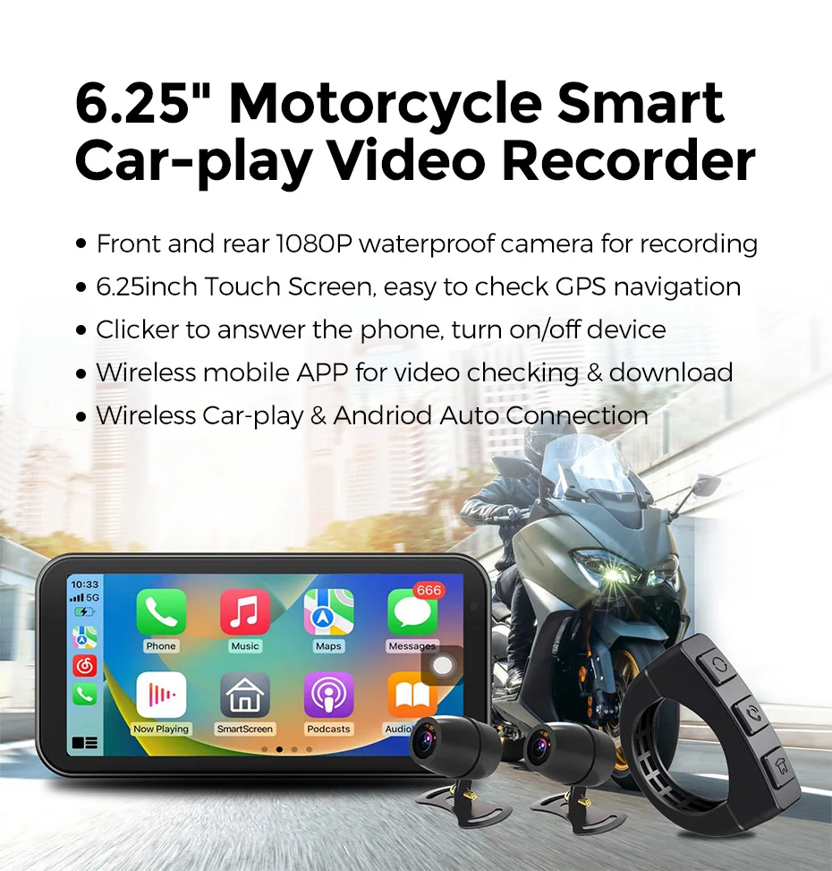 MEKEDE 6,25 zoll Tragbare Motorrad Navigation IP67 Wasserdichte Drahtlose Carplay Android Auto BT TF DVR Stick Recorder Moto Monit – Detail 1