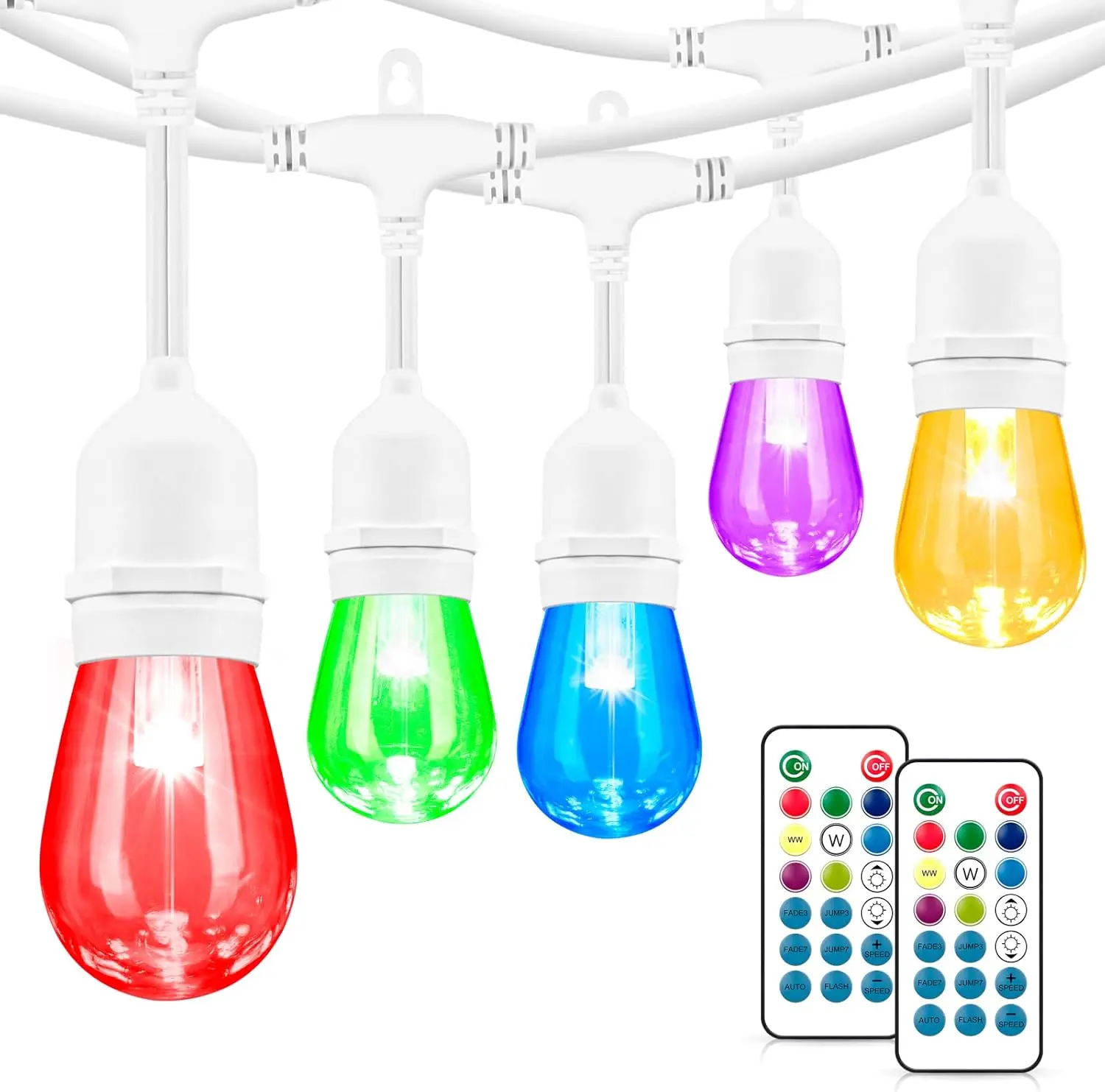 

48FT Outdoor Patio Lights, 6 Modes RGB String Lights with 15 Dimmable LED Shatterproof Bulbs for Deck Porch Gazebo - White