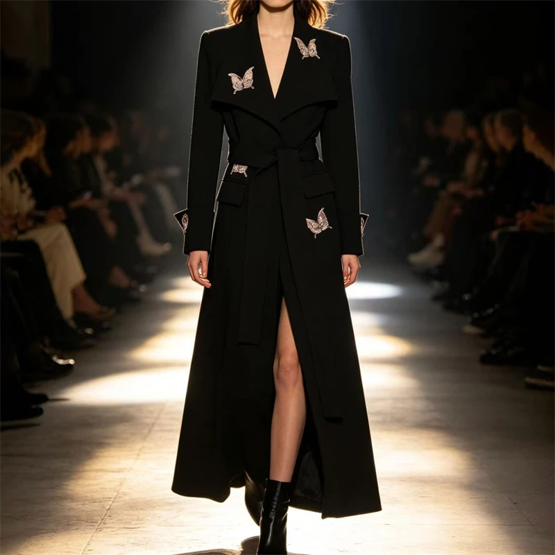 Autumn New European and American Style Beaded Butterfly Blazer High-Quality Y2K Women's FashionableCasual Loose Suit Trench Coat