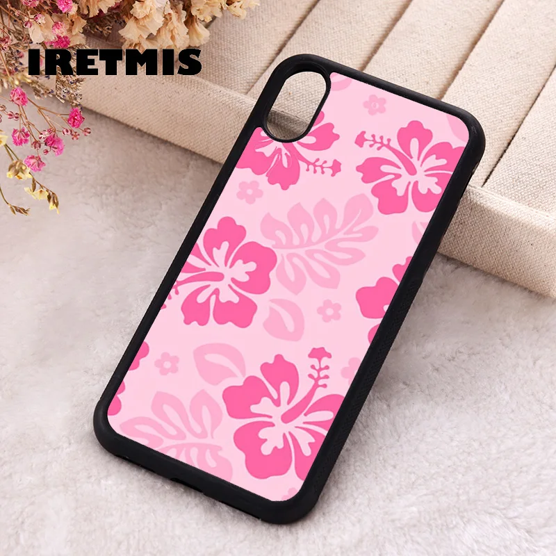 Iretmis Phone Cover Case For iPhone X XS Max XR 11 12 13 PRO MINI 14 15 16 Plus Rubber Pink Hibiscus Retro Hawaiian Flower