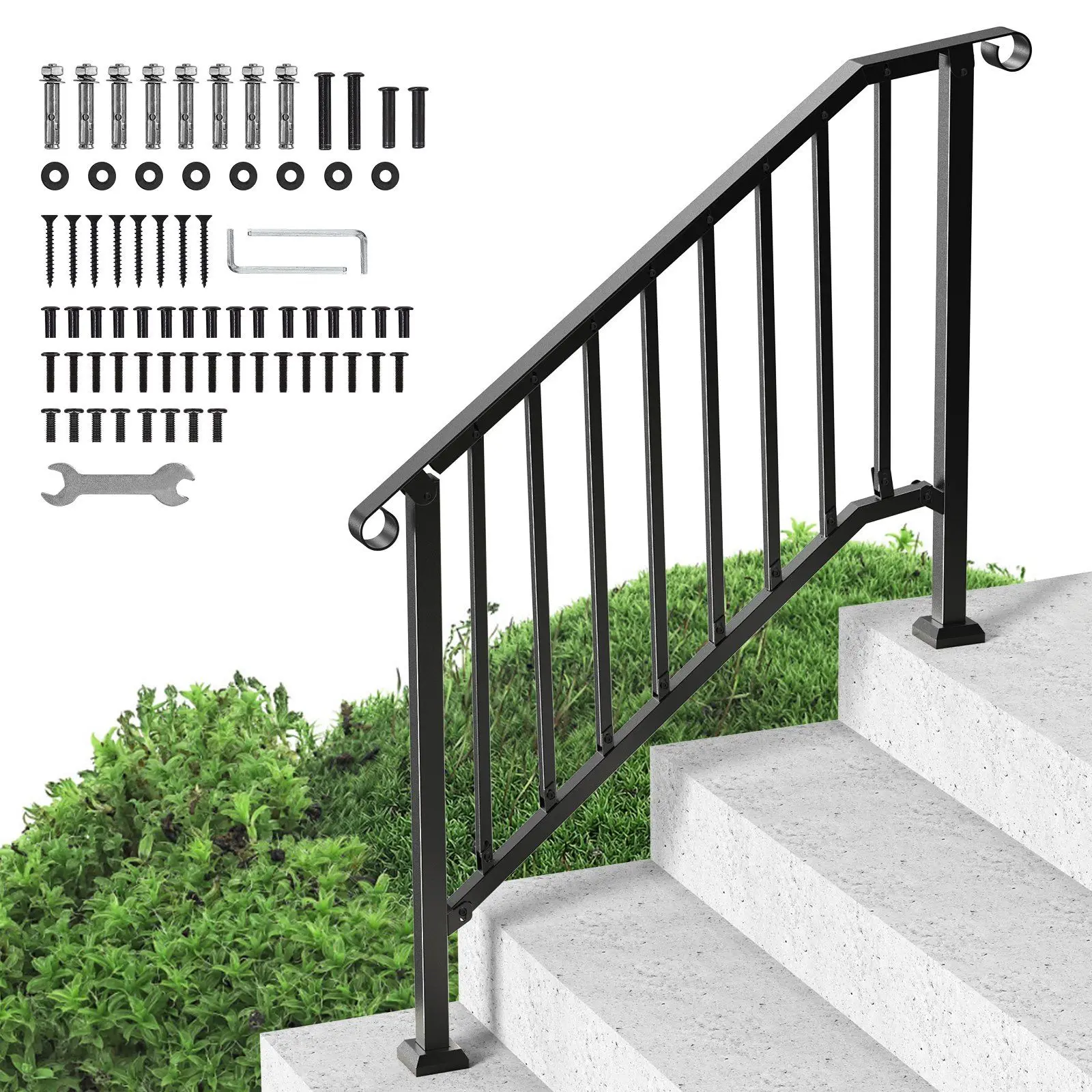 

Handrails for Outdoor Steps 3-4 Step Transitional Iron Railings Seniors Safety Porch Deck Concrete Stairs Black Retro