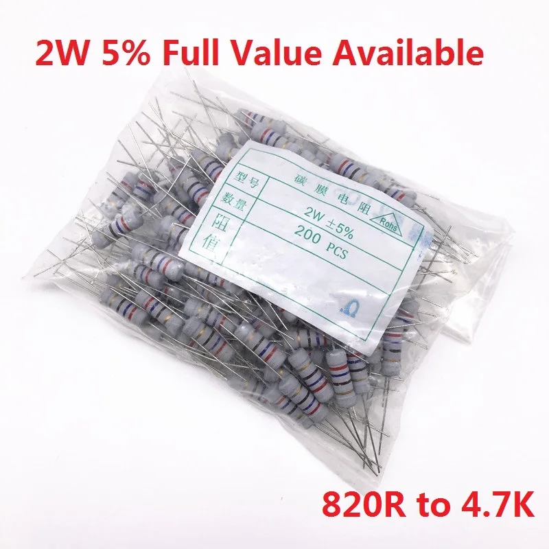 200PCS 2W 820R/910R/1K/1.2K/1.5K/1.8K/2K/2.2K/2.4K/2.7K/3K/3.3K/3.6K/3.9K/4.3K/4.7K/Ohm 5% Oxide Carbom Metal Film Resistor