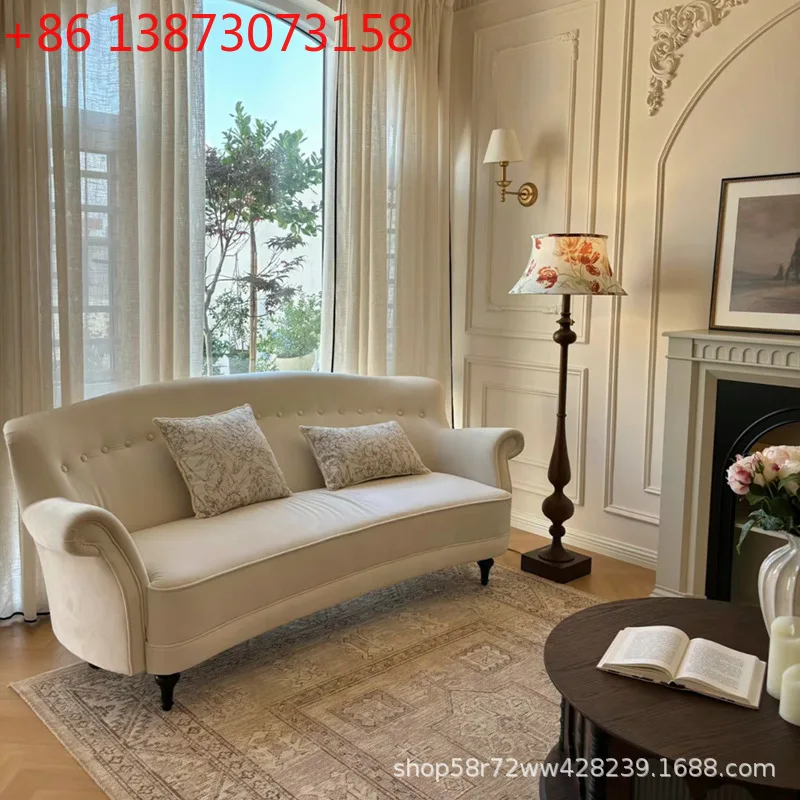 

French retro velvet buckle straight-row sofa medium antique high back three-person living room bed and breakfast sofa