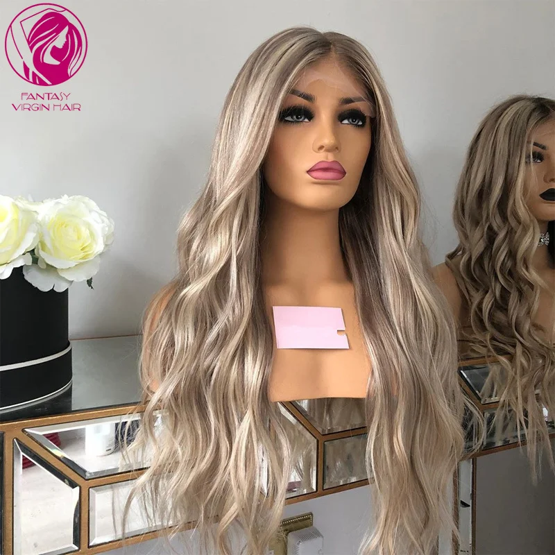 

Full Lace Human Hair Wig Ash Brown Grey Blonde Balayage Water Wave 13x4 Lace Front Wig 30 Inchs Long 180% For Women