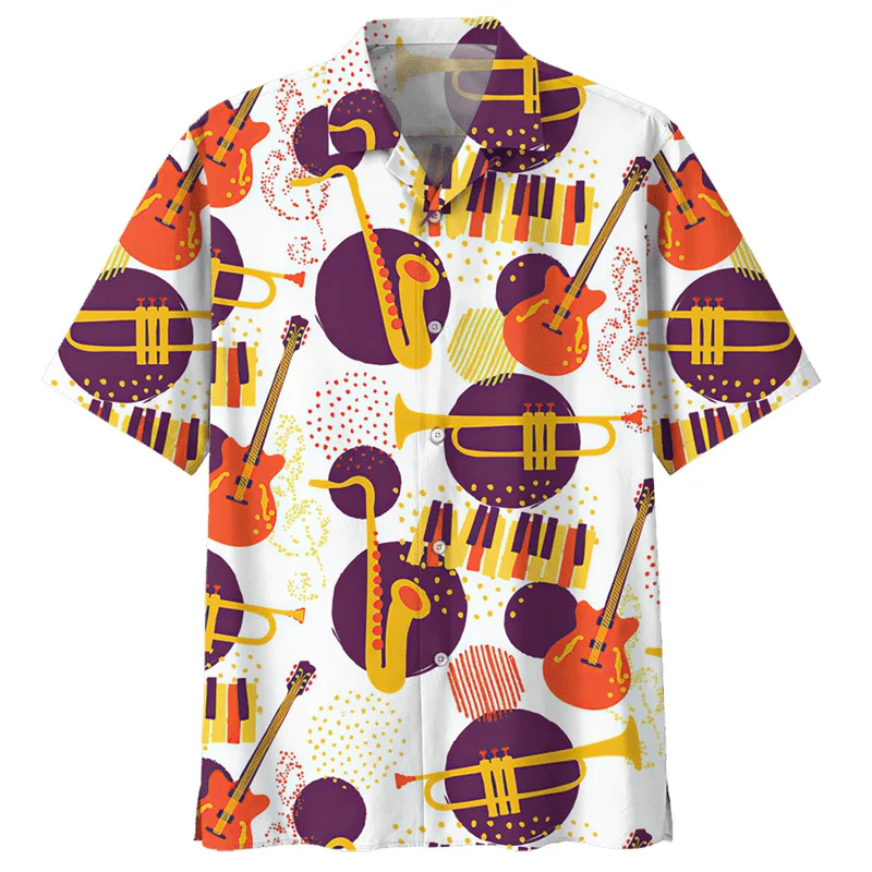 Saxophone Guitar Pattern Hawaiian Shirts For Men Musical Instrument 3D Print Tees Summer Loose Aloha Shirts Short Sleeve Blouse